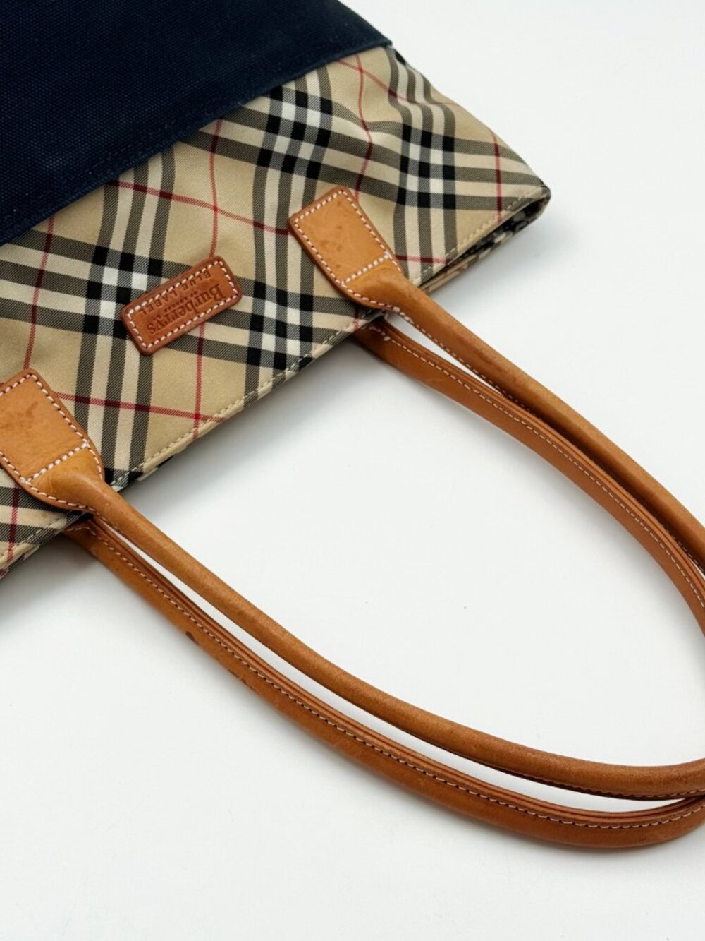 Burberrys Vintage Nova Check Canvas Tote Shoulder Bag Navy Beige Leathe - Picture 8 of 13